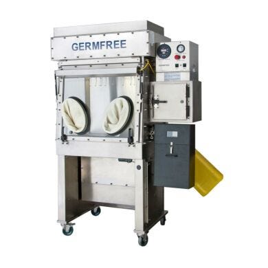 Germfree’s LFGI Compounding Aseptic Containment Isolator meets USP 797 and USP 800 requirements; shown with optional sharps and waste containers  |  5607-15 displayed