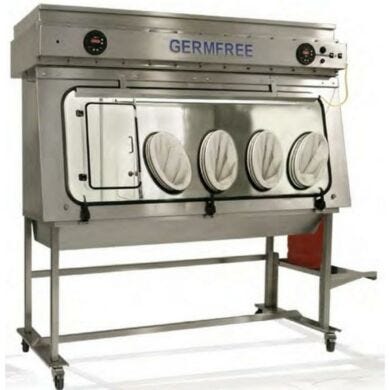 Germfree’s VersaFlow™ Compounding Aseptic Isolator features all-stainless steel construction and oval glove ports (4-port model shown)  |  5607-21 displayed
