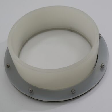 Exterior of polypropylene glove port with 9”-diameter round cut out and neoprene gaskets  |  1694-55 displayed