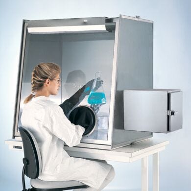 Series 600 Stainless Steel Glove Box  provides a low-humidity, low-particle processing environment (shown with optional air lock, gloves)  |  9670-00B displayed