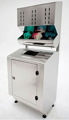 BioSafe® stainless steel glove dispenser is mounted on a stainless steel waste disposal cabinet  |  