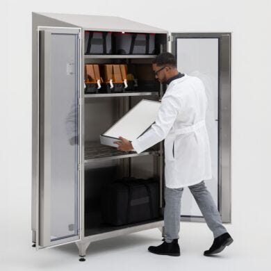Shelves can be adjusted by operator to accommodate to product size