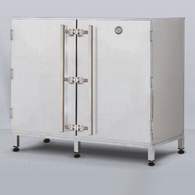 RH-controlled dry bulk storage cabinet with hygrometer (2 x 30 gal. drum capacity shown). | 1989-00 displayed