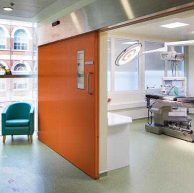 Hygienic Sliding FRP Surgical Doors by Dortek are well-suited in cleanroom, hospital, pharma and other critical environments; inquire for details