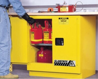 Undercounter Flammable safety cabinets by Justrite includes dual vents with flame arresters located in the back  |  