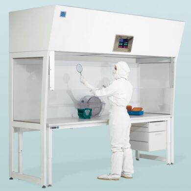 Shown: ISO 6 Vertical Laminar Flow Hood with optional motorized shield and workstation  |  2001-80C displayed
