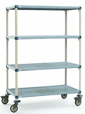 Four-tier cart with quick adjust shelves and removable polymer shelf mats, their open grid design allows air and light penetration  |  