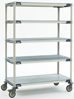 Antimicrobial five-tier cart with solid bottom MetroMax i shelf and polyurethane casters, ideal for placement in walk-in coolers  |  