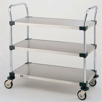 Stainless steel and Chrome Plated Utility Carts by InterMetro includes three solid steel shelves, handles and four casters  |  