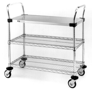 Stainless steel and Chrome Plated Utility Carts by InterMetro includes two wire and one solid steel shelf, handles and four casters | 