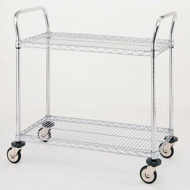 Stainless steel and Chrome Plated Utility Carts by InterMetro includes two sire steel shelves, handles and four casters  |  