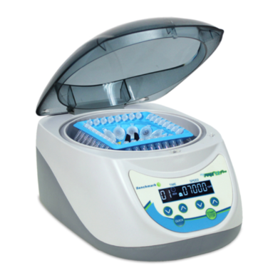 Compact MyFuge 12 Plus digital Centrifuges with COMBI-Rotor by Benchmark Scientific simultaneously spin 12 microtubes and 4 PCR strips; 115V and 230V models  |  2825-PP-04 displayed