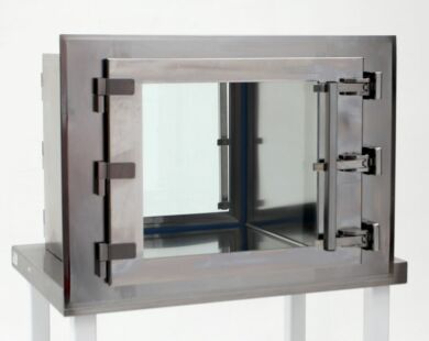 CleanMount(tm) BioSafe Passthrough mounts flush against cleanroom wall  |  2636-76C displayed