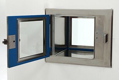 CleanMount(tm) BioSafe Passthrough mounts flush against cleanroom wall  |  2636-74C displayed