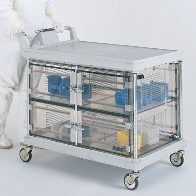 DesiCart, Low Humidity Transport Carts features high-density polyethylene frame, steel rails, and a four chamber acrylic desiccator  |  