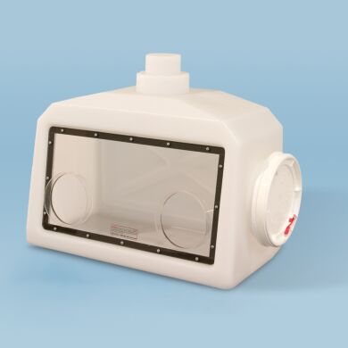 Economical, lightweight, portable glove box features a one-piece polyethylene shell with exhaust ventilation flange and large acrylic viewing window  |  3308-10 displayed