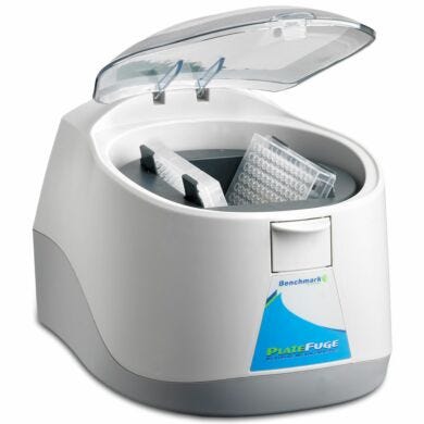 Platefuge microplate micro centrifuge from Benchmark has a 75° swing-out rotor and lid-controlled start/stop for spinning microplates up to 2,550 rpm  |  2814-00 displayed