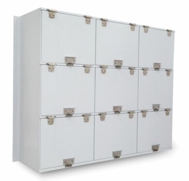 Polypropylene wall-mount cabinet is strong and chemical-resistant; shown with lockable hardware  |  4105-05 displayed