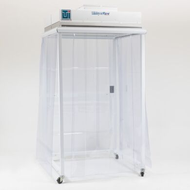 The Portable CleanBooth wheels into position above a workbench or equipment to provide ISO 5-compliant flow of HEPA-filtered air  |  1870-03B displayed