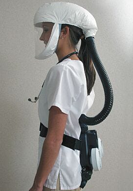 Respirator kit shown with head cover.  |  2821-00 displayed