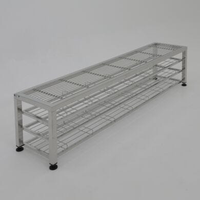 304 stainless steel ¼” rod-top cleanroom gowning bench with 3-shelf incorporated bootie rack, 72