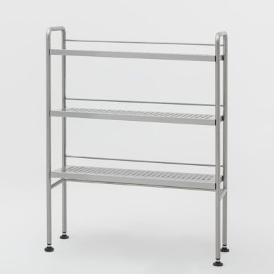 Round tube stainless steel work-in-progress rack; 3 perforated shelves with reverse slope.  |  9611-25A displayed