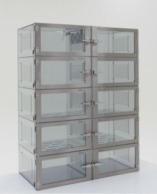 Ten-chamber IsoDry desiccator cabinet offers unsurpassed RH uniformity; dissipative PVC prevents static charges and dust attraction  |  3950-07F-ISO displayed