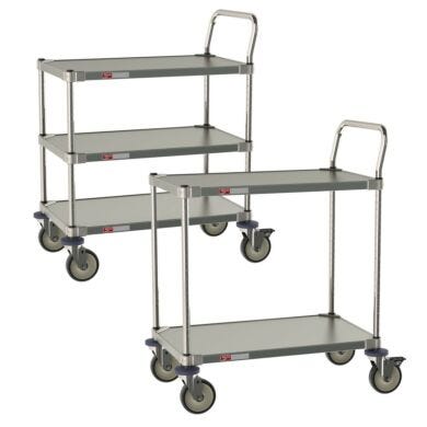 All stainless steel Grade A pharma cleanroom and lab carts withstand regular cleaning and sterilization; two sizes with 2- or 3-shelf configurations | 