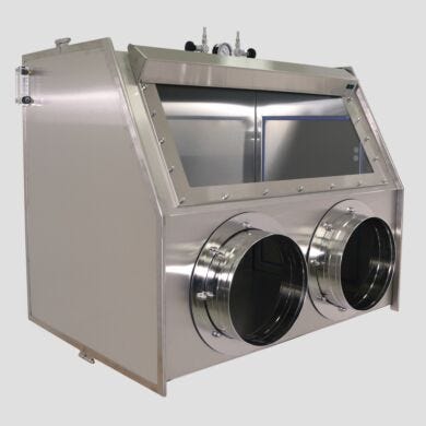 Stainless steel glove box with optional stainless steel glove ports, allows for -5