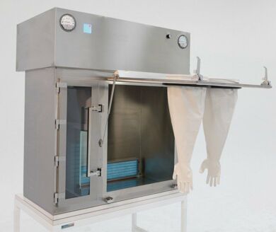 Stainless Steel Compounding Aseptic Isolator shown with open tilt-up viewing window  |  2900-56B displayed