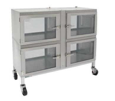 4-Chamber Series 400 Desiccator Cabinet, Dual-Side Access, shown with optional castered stand  |  1609-04B displayed