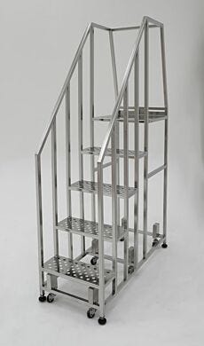 Narrow cleanroom stairs: perforated steps with platform and safety rail.  |  2805-09-316 displayed