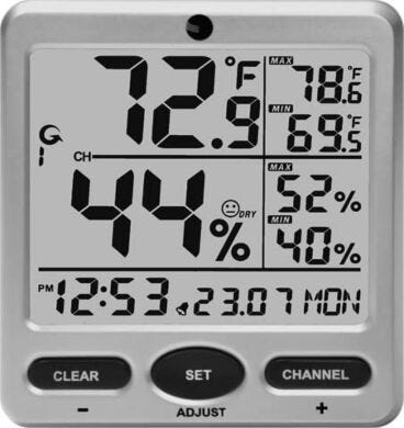 Digital thermo-hyrometer console with humidity indicator for cleanroom application, connects to up to 8 wireless remote sensors | 