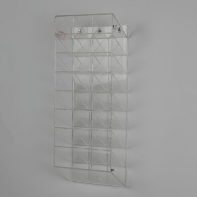 Acrylic (Plexiglass) safety glasses dispenser with 24 (3 x 8) compartments, ValuLine clear acrylic construction with wall-mount keyhole cutouts, 9.75