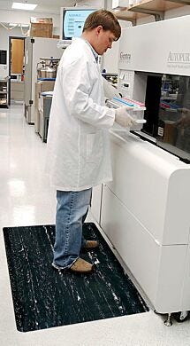 Anti-fatigue mats enhance worker comfort, resist chemicals and common disinfectants, and prevent accumulation of microbes  |  