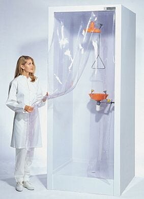 Full-body polypropylene safety shower with zinc-plated eye rinse hardware, and single-sided access with vinyl strip curtains   |  1530-50A displayed