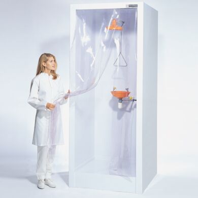 Enclosed Safety Shower provides full-body and eye wash while protecting the lab against water and chemical runoff  |  
