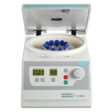 Hermle’s Z206 compact centrifuge, with maximum speed of 6,000 rpm, holds tubes in swing-out or angle rotors  |  2823-51