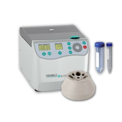 Z207-A CMB Compact Centrifuges with a Combination Rotor by Hermle for tissue culture feature an EZ-Scroll control panel and an advanced microprocessor  |  2823-PP-16 displayed