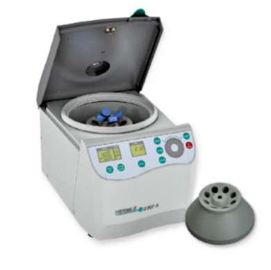 Z207 A Compact Clinical Centrifuges by Hermle with an 8 x 15 m fixed-angle rotor feature an EZ Scroll touchpad and a microprocessor control; in 120V and 230V  |  1539-PP-08 displayed