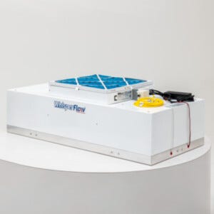 Integrated LED light and ionizer fan filter unit with HEPA filtration providing 99.99% efficient air at 0.3µm particle diameter | 6601-24-HRLI displayed