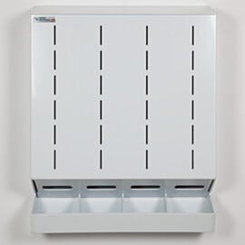 Wall mount 4-chamber glove dispenser in polypropylene with built-in catch basin and hinged top | 4952-14A displayed