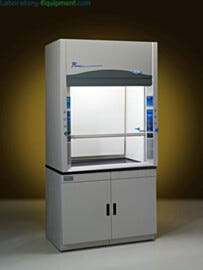Four foot Protector Premier laboratory fume hoods by Labconco shown with optional storage cabinets | 3649-00 displayed
