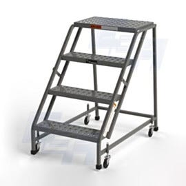 OSHA 4-Step EZY-Climb Steel Ladders with EZY-Tread or Grip Strut, 3" spring-loaded casters and choice of 17"W, 24"W (Z023 shown) or 30"W steps by EGA Products | 2813-PP-04 displayed