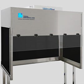 BioSafe® benchtop vertical laminar flow hood with opaque black acrylic panels to block ambient light; front shield is transparent static-dissipative PVC | 1688-BA-4830 displayed