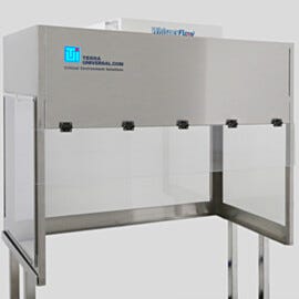 BioSafe® vertical laminar flow hood with polycarbonate panels; Cracks less easily with ~250x impact resistance of glass, 15x impact resistance of acrylic | 1688-PC-4830 displayed