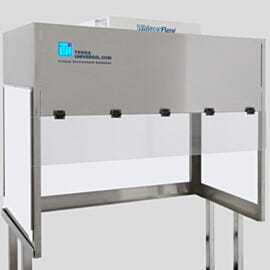 BioSafe® benchtop vertical laminar flow hood with opaque polypropylene panels for excellent chemical resistance; front shield is transparent static-dissipative | 1688-FM-4830 displayed