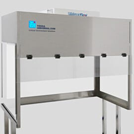 BioSafe® vertical laminar flow hood with translucent white acrylic panels gives privacy with some ambient light; front sash is transparent SD-PVC | 1688-WA-4830 displayed