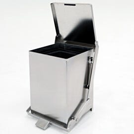 Electropolished ISO 4 stainless steel rectangular hands-free waste receptacle with pneumatic soft-closing lid, 12"W x 12"D x 17"H  |  1456-16B displayed