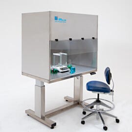 ISO 5 BioSafe Universal Hood (48"-wide model) shown installed on an optional ErgoHeight® workstation  |  1675-60-48 displayed